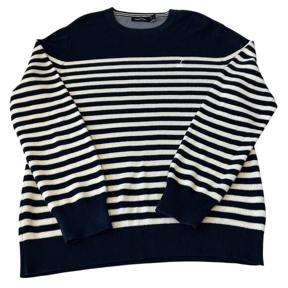 Nautica Sweater Men's Crewneck Navy/White Striped Cotton Coastal Logo Size L - Picture 1 of 6